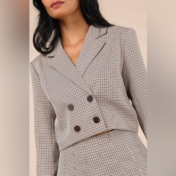 Lulus Convincingly Poised Brown Plaid Double-Breasted Cropped Blazer Size M NWT - Picture 1 of 8